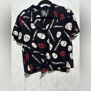 Friday The 13th Shirt‎ Women Large Black Mask Print Button Up Collared Rayon